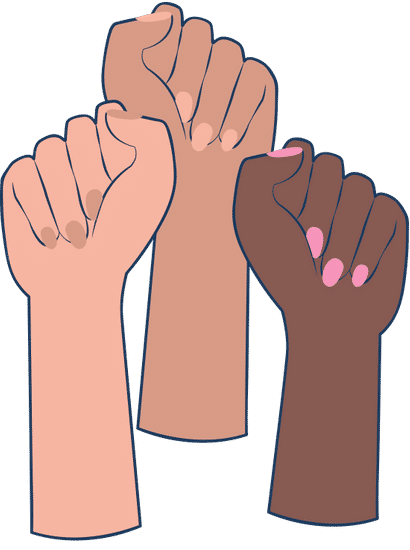 An illustration of three women's fists held up in pride